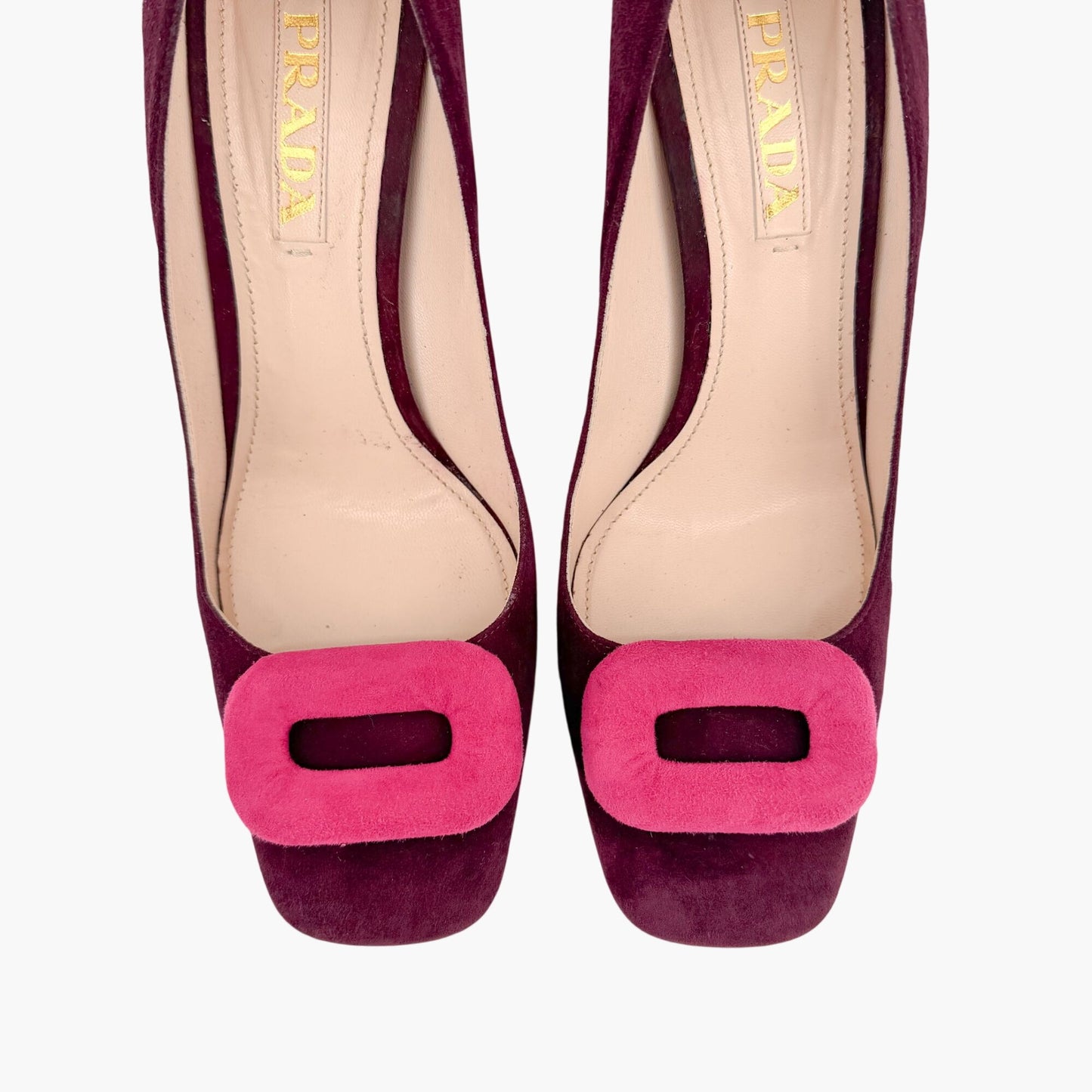 Prada Two Tone Block Heel Pumps Maroon Magenta Size 38.5