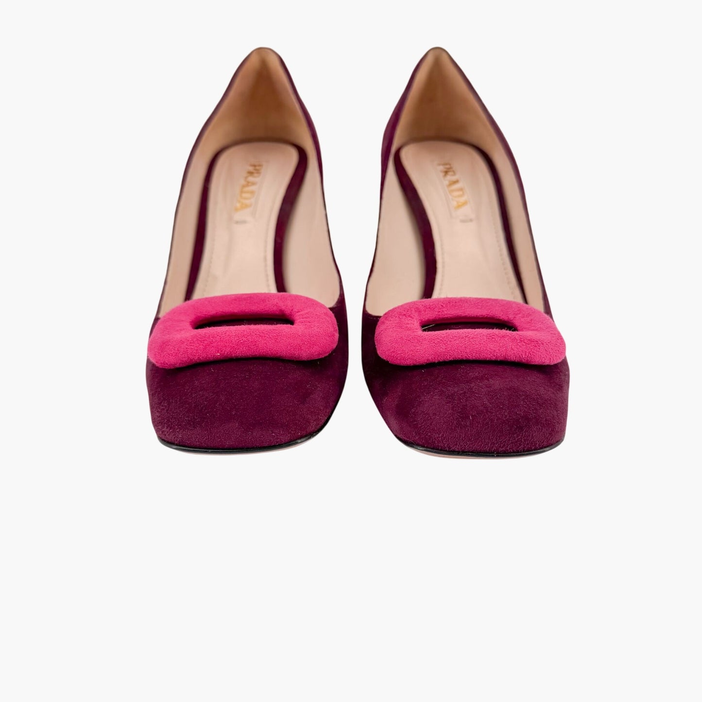 Prada Two Tone Block Heel Pumps Maroon Magenta Size 38.5