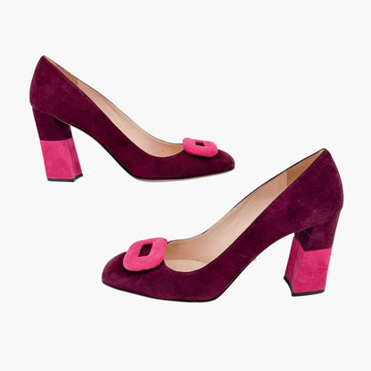 Prada Two Tone Block Heel Pumps Maroon Magenta Size 38.5