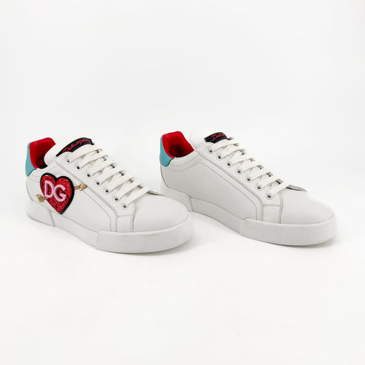 Dolce & Gabbana Portofino Heart Sneakers in White Leather – Size 39.5