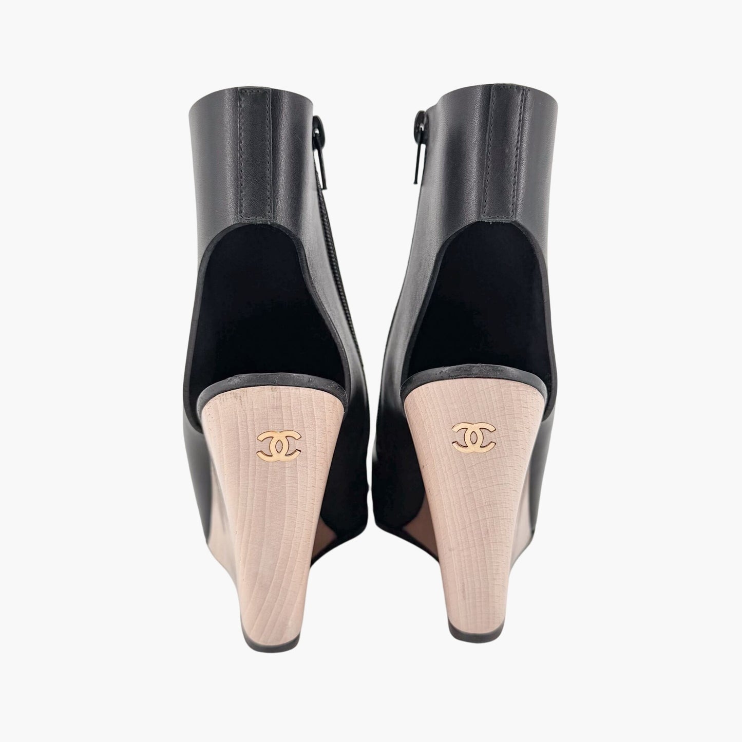 Chanel Peep Toe Wedge Booties Black Size 39