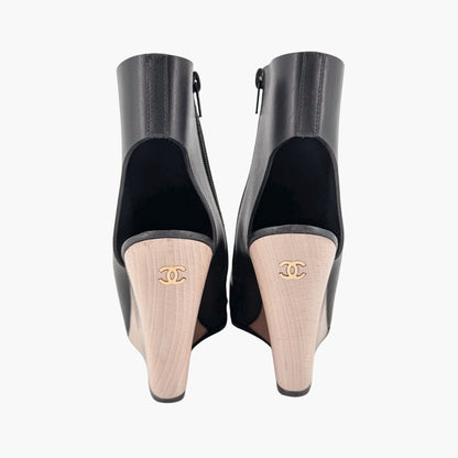 Chanel Peep Toe Wedge Booties Black Size 39
