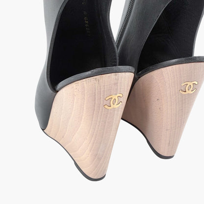 Chanel Peep Toe Wedge Booties Black Size 39