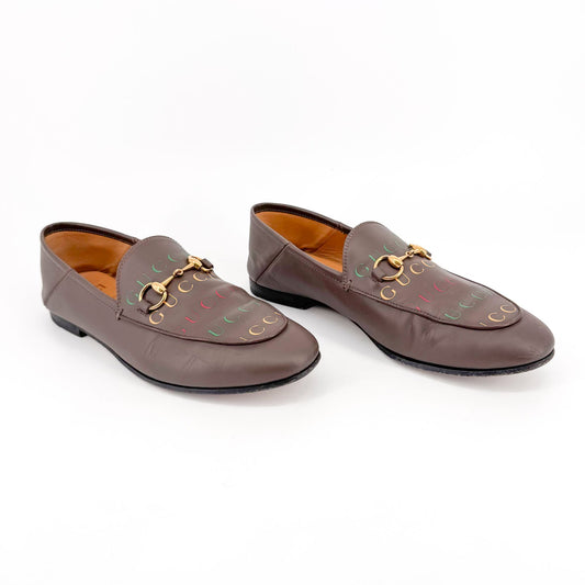 Gucci Brixton Horsebit Loafers in Brown Logo Leather – Size 37.5