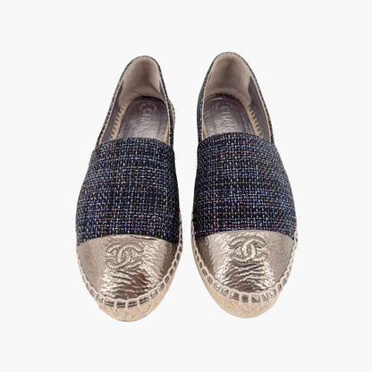 Chanel CC Cap Toe Espadrilles Metallic Navy Tweed Size 39