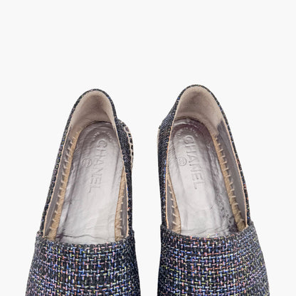 Chanel CC Cap Toe Espadrilles Metallic Navy Tweed Size 39