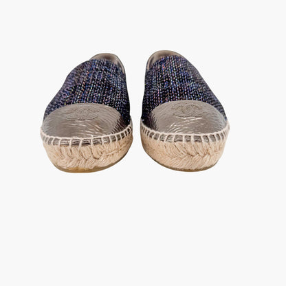 Chanel CC Cap Toe Espadrilles Metallic Navy Tweed Size 39