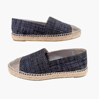 Chanel CC Cap Toe Espadrilles Metallic Navy Tweed Size 39