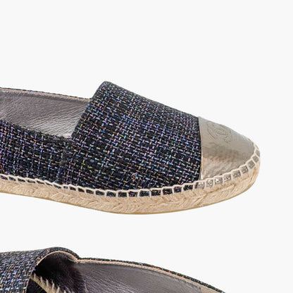 Chanel CC Cap Toe Espadrilles Metallic Navy Tweed Size 39