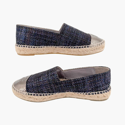 Chanel CC Cap Toe Espadrilles Metallic Navy Tweed Size 39
