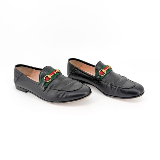 Gucci Brixton Horsebit Loafers Black Web Stripe Size 38.5