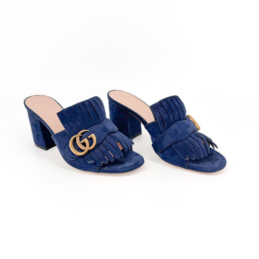 Gucci Marmont GG Fringe Mule Heels Navy Suede Size 37.5