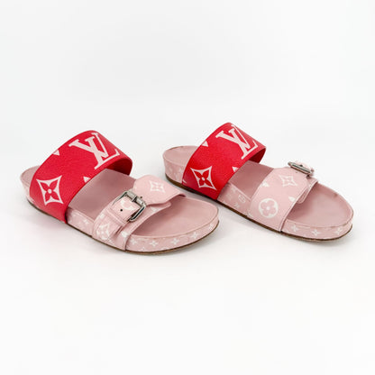 Louis Vuitton Bom Dia Pink Red Monogram Slide Sandals Size 38