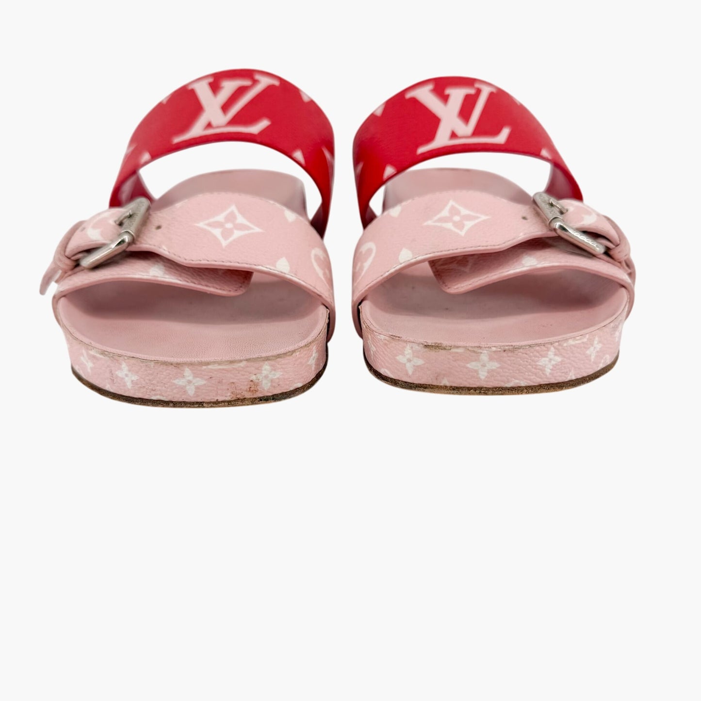 Louis Vuitton Bom Dia Pink Red Monogram Slide Sandals Size 38