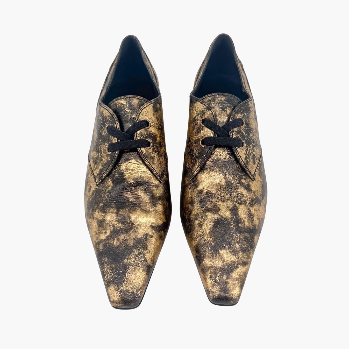 Chanel Pointed CC Oxford Shoes in Metallic Gold Leather Size 42