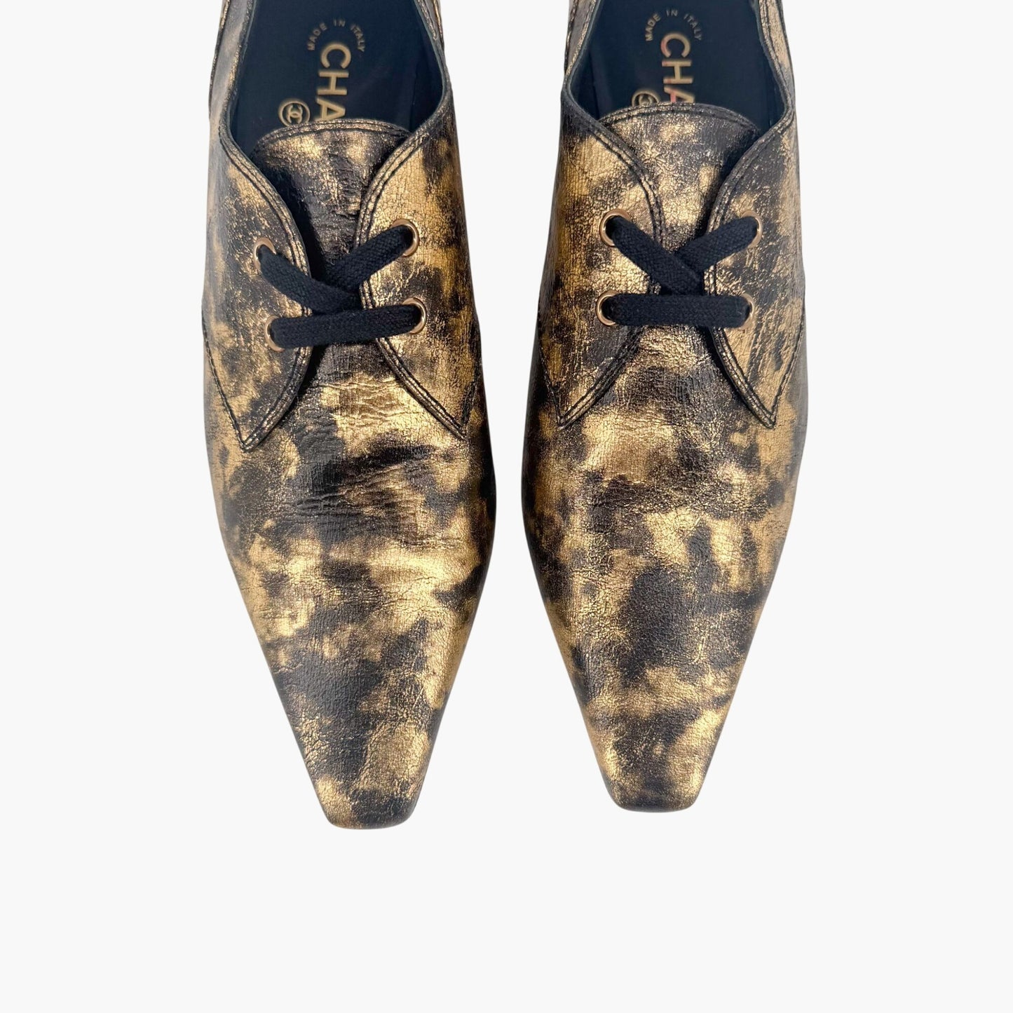 Chanel Pointed CC Oxford Shoes in Metallic Gold Leather Size 42
