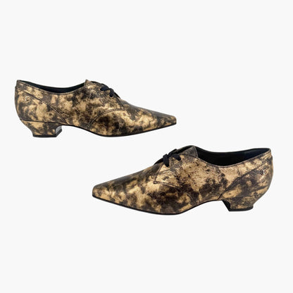 Chanel Pointed CC Oxford Shoes in Metallic Gold Leather Size 42