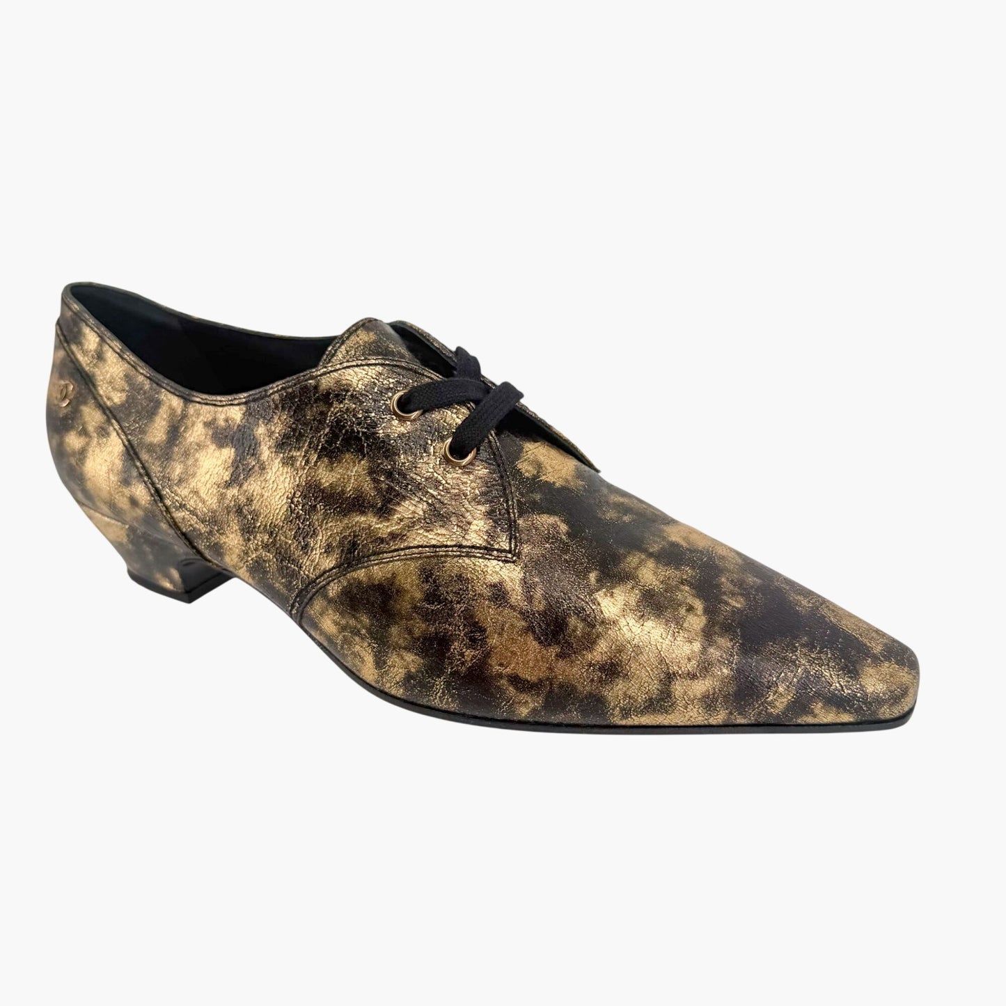 Chanel Pointed CC Oxford Shoes in Metallic Gold Leather Size 42