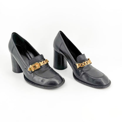 Gucci Sylvie Chain Mid Heel Loafer Pumps in Black Leather Size 39