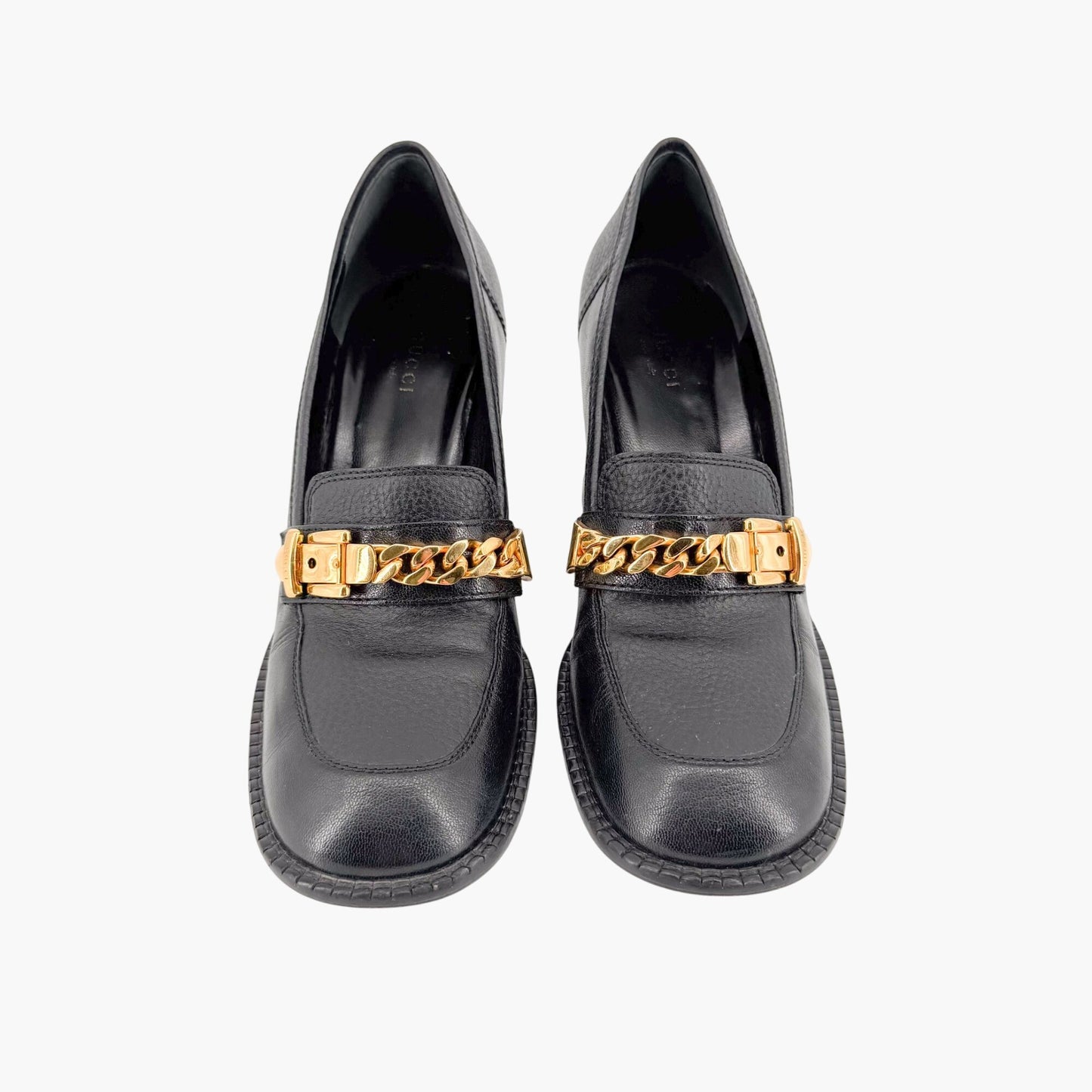 Gucci Sylvie Chain Mid Heel Loafer Pumps in Black Leather Size 39