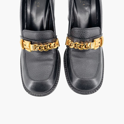 Gucci Sylvie Chain Mid Heel Loafer Pumps in Black Leather Size 39