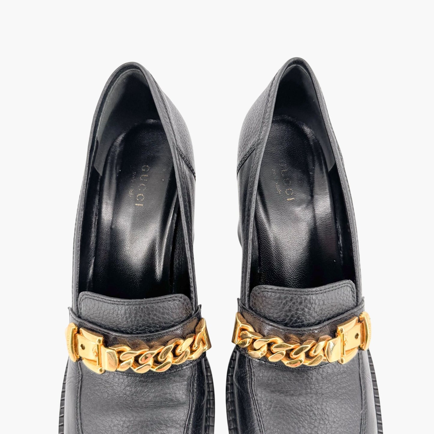 Gucci Sylvie Chain Mid Heel Loafer Pumps in Black Leather Size 39