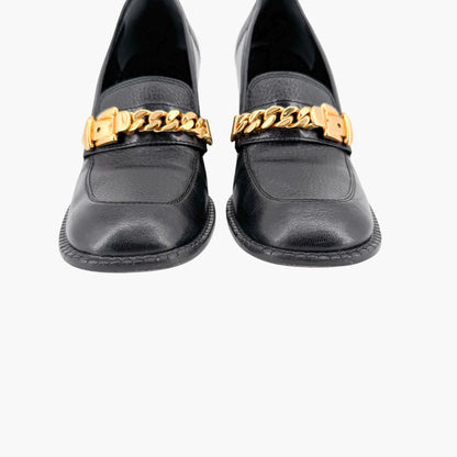 Gucci Sylvie Chain Mid Heel Loafer Pumps in Black Leather Size 39