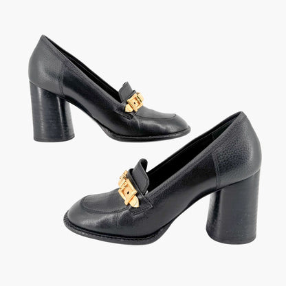 Gucci Sylvie Chain Mid Heel Loafer Pumps in Black Leather Size 39