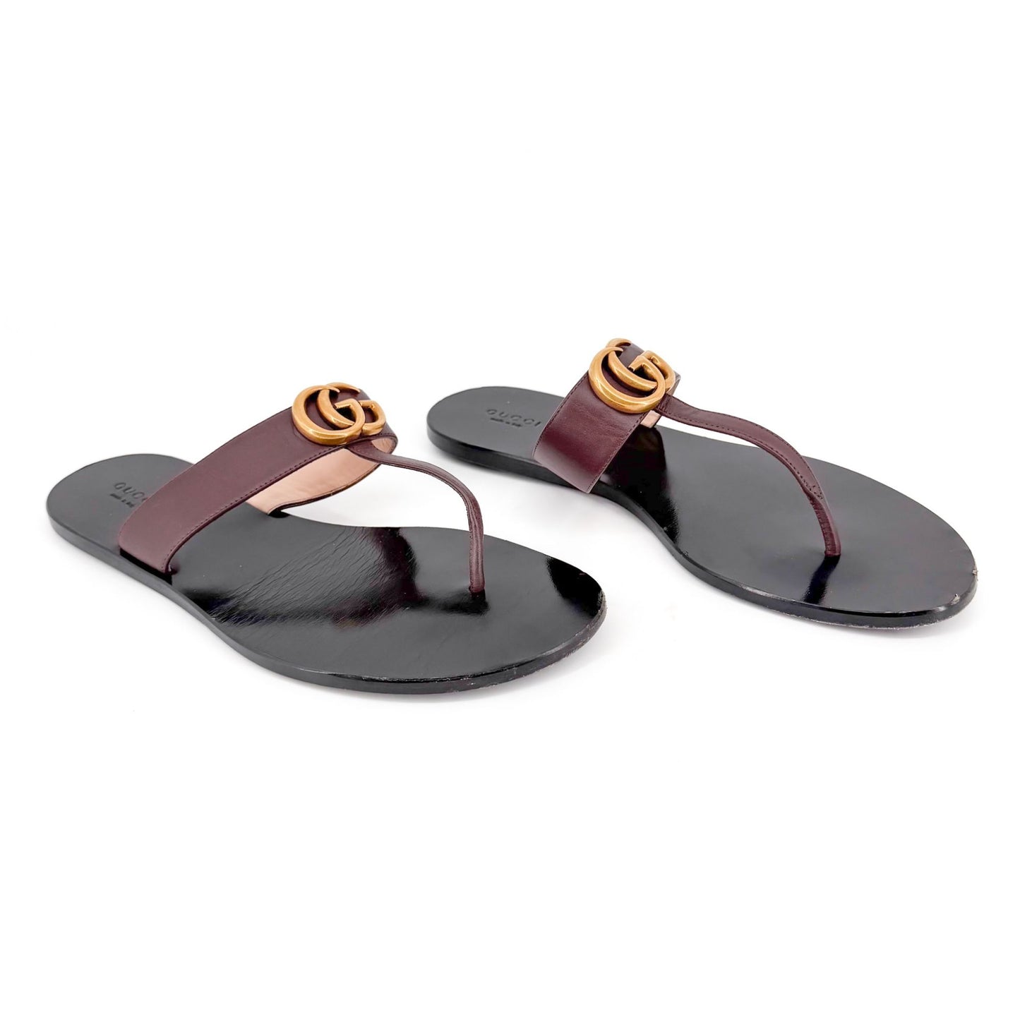 Gucci GG Marmont Thong Sandals in Brown Leather Size 40