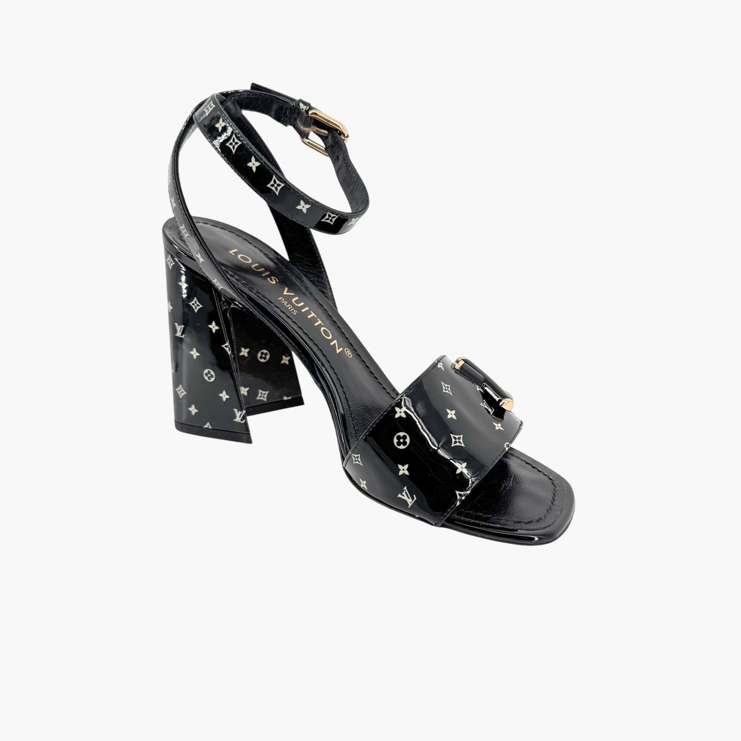 Louis Vuitton Shake LV Block Heel Sandals in Black & White Monogram Patent Leather Size 37