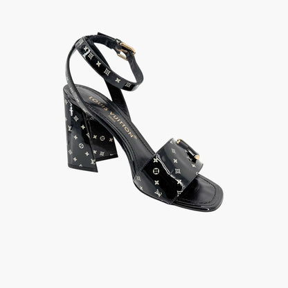Louis Vuitton Shake LV Block Heel Sandals in Black & White Monogram Patent Leather Size 37