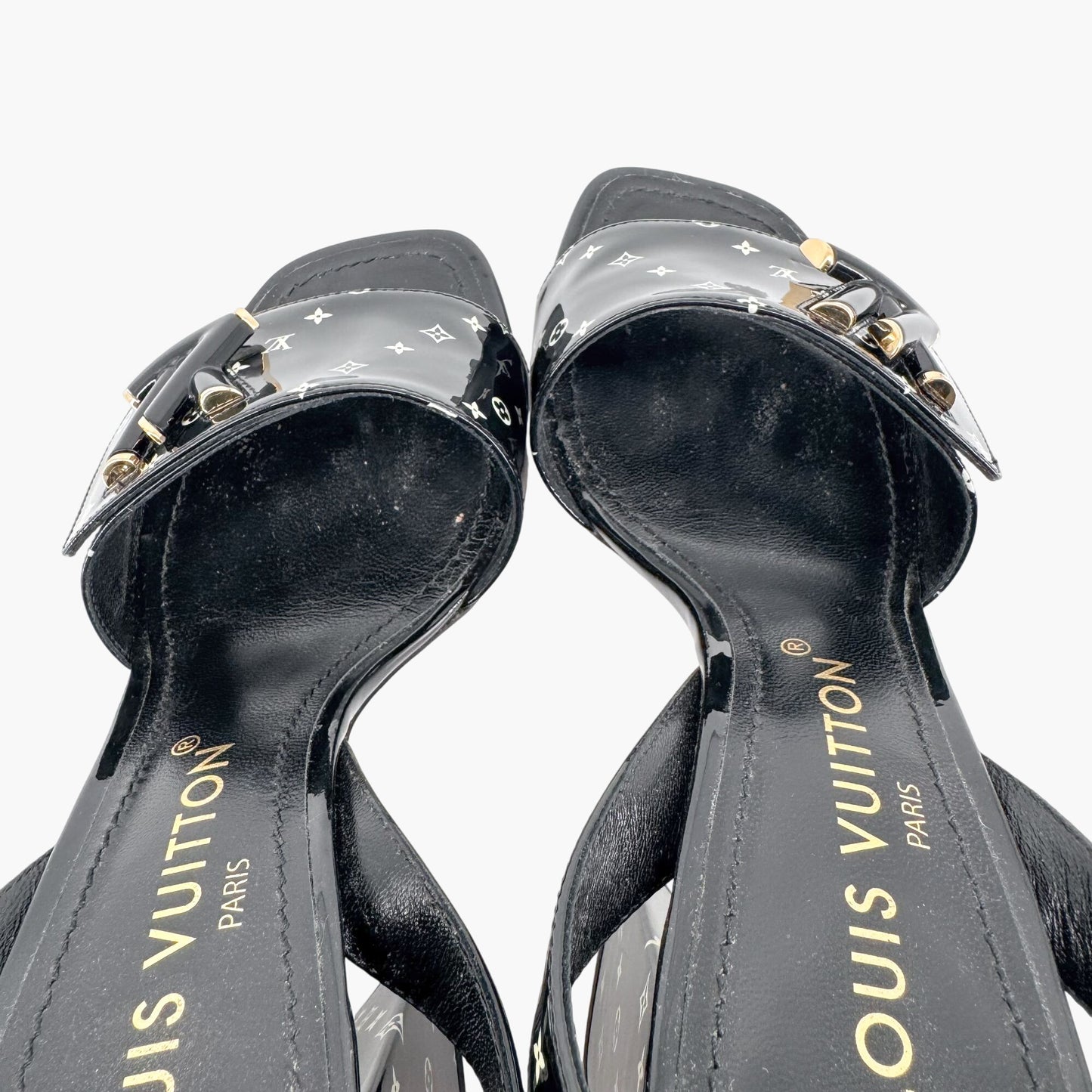 Louis Vuitton Shake LV Block Heel Sandals in Black & White Monogram Patent Leather Size 37