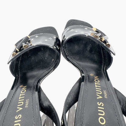 Louis Vuitton Shake LV Block Heel Sandals in Black & White Monogram Patent Leather Size 37