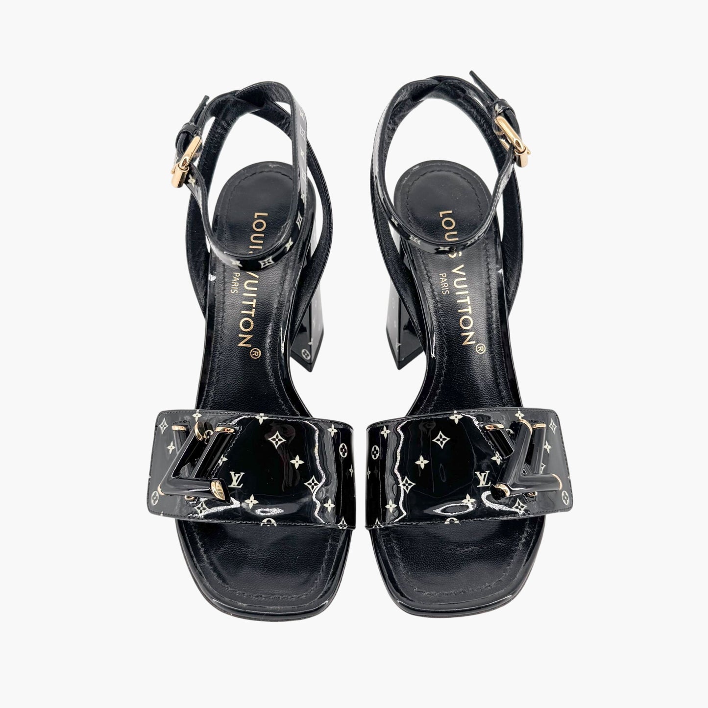 Louis Vuitton Shake LV Block Heel Sandals in Black & White Monogram Patent Leather Size 37