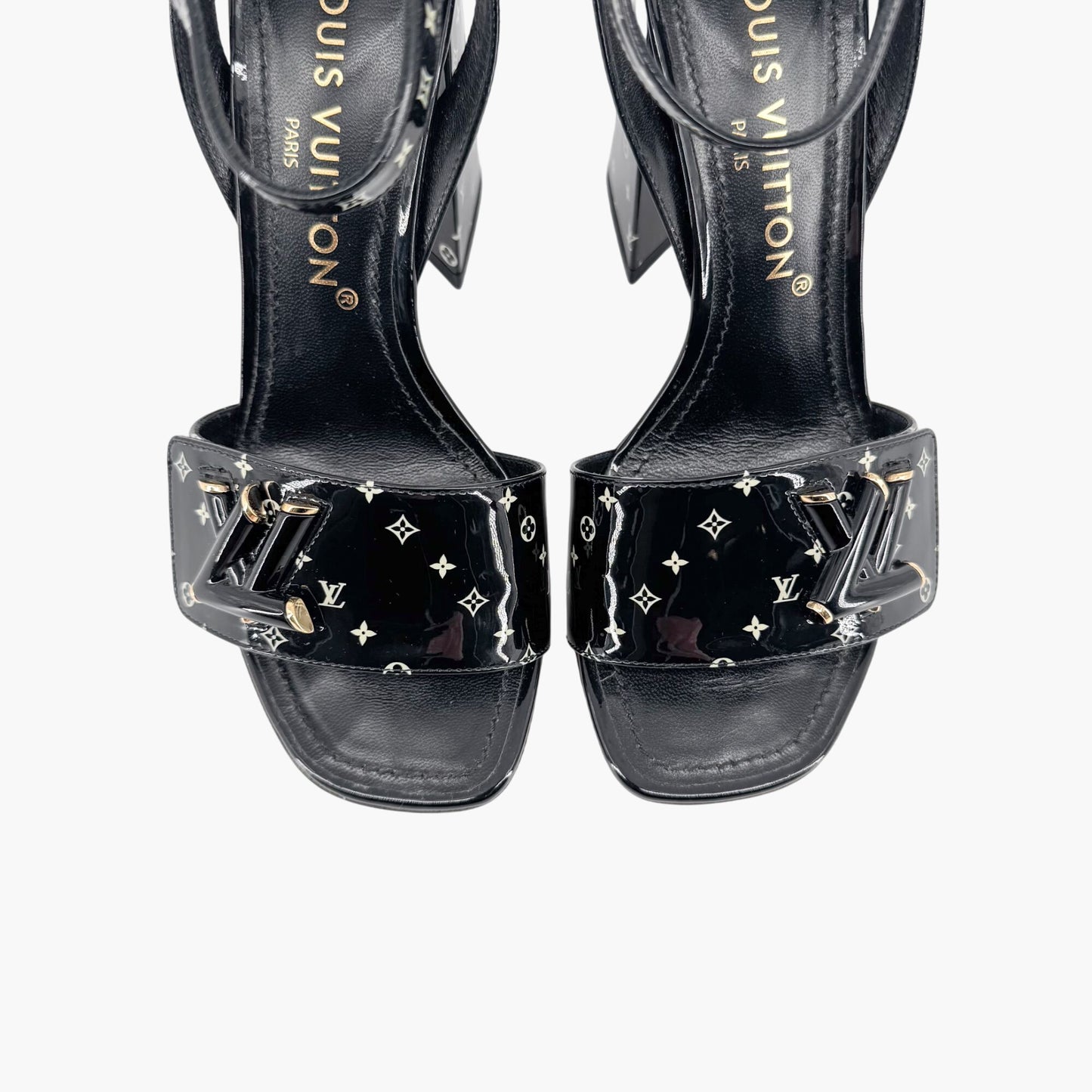 Louis Vuitton Shake LV Block Heel Sandals in Black & White Monogram Patent Leather Size 37
