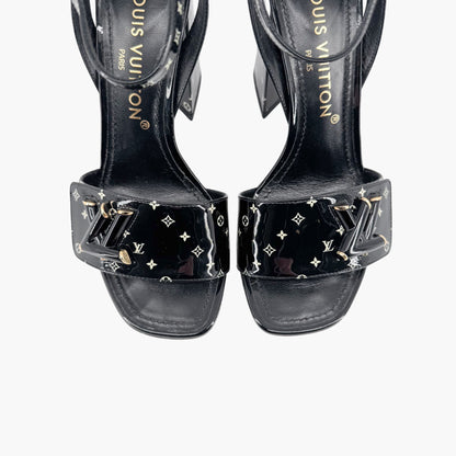 Louis Vuitton Shake LV Block Heel Sandals in Black & White Monogram Patent Leather Size 37
