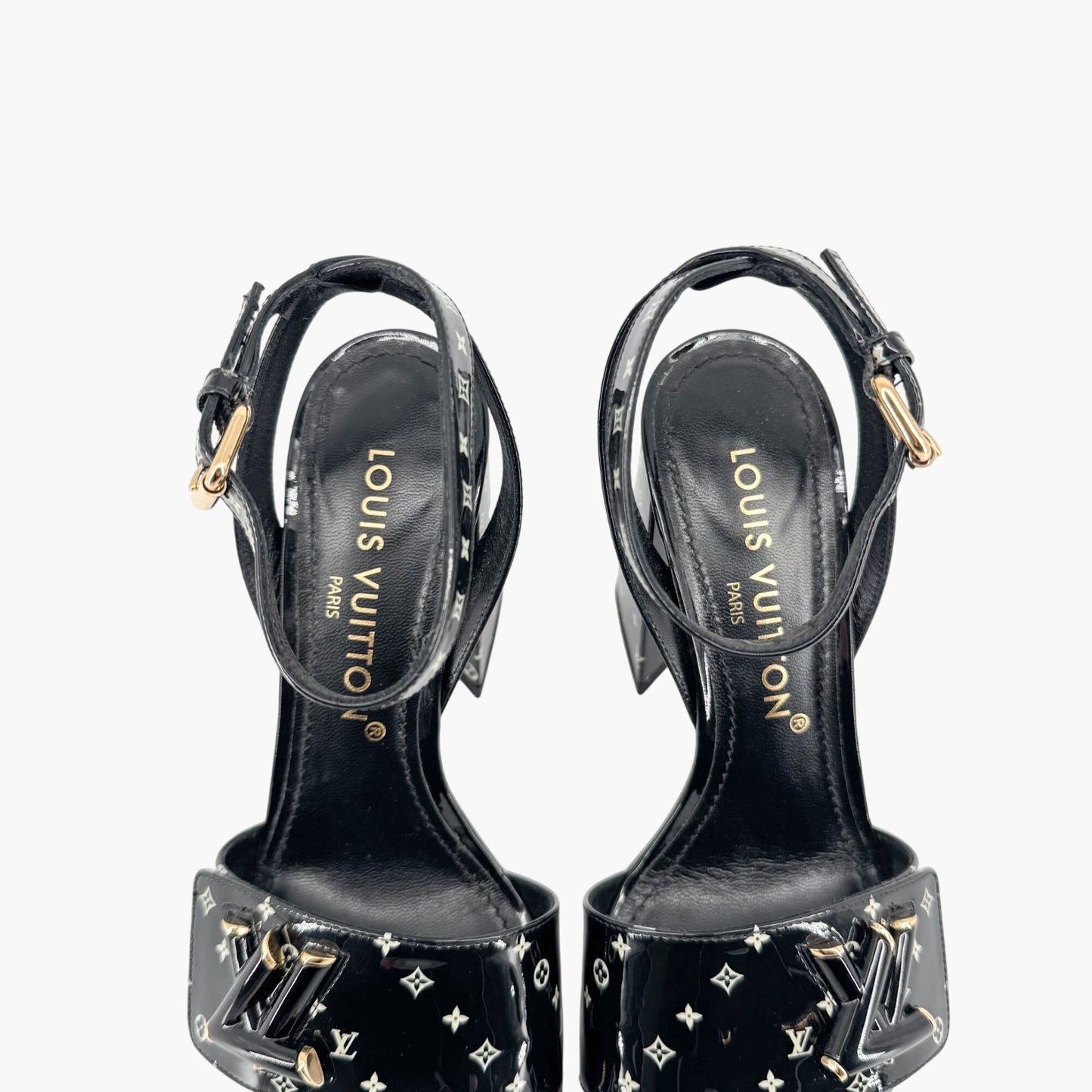 Louis Vuitton Shake LV Block Heel Sandals in Black & White Monogram Patent Leather Size 37