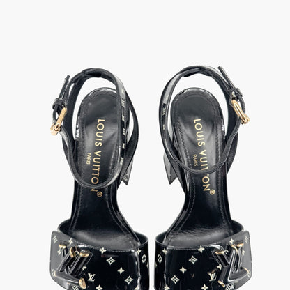 Louis Vuitton Shake LV Block Heel Sandals in Black & White Monogram Patent Leather Size 37