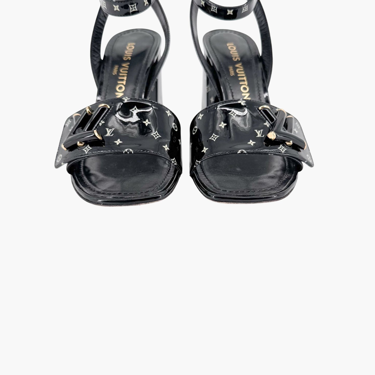 Louis Vuitton Shake LV Block Heel Sandals in Black & White Monogram Patent Leather Size 37