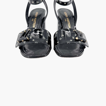 Louis Vuitton Shake LV Block Heel Sandals in Black & White Monogram Patent Leather Size 37