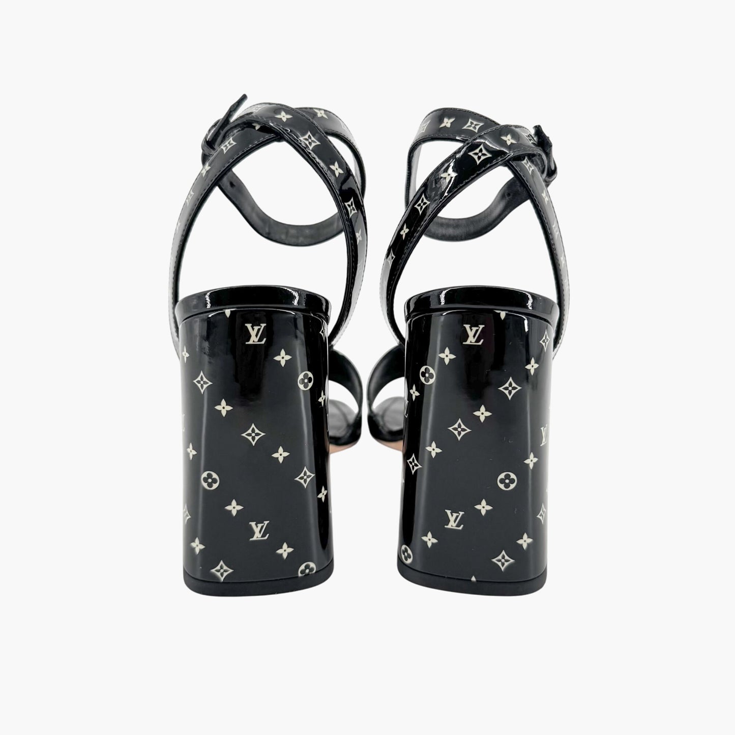 Louis Vuitton Shake LV Block Heel Sandals in Black & White Monogram Patent Leather Size 37