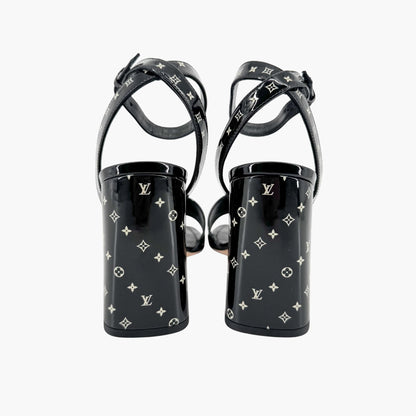 Louis Vuitton Shake LV Block Heel Sandals in Black & White Monogram Patent Leather Size 37