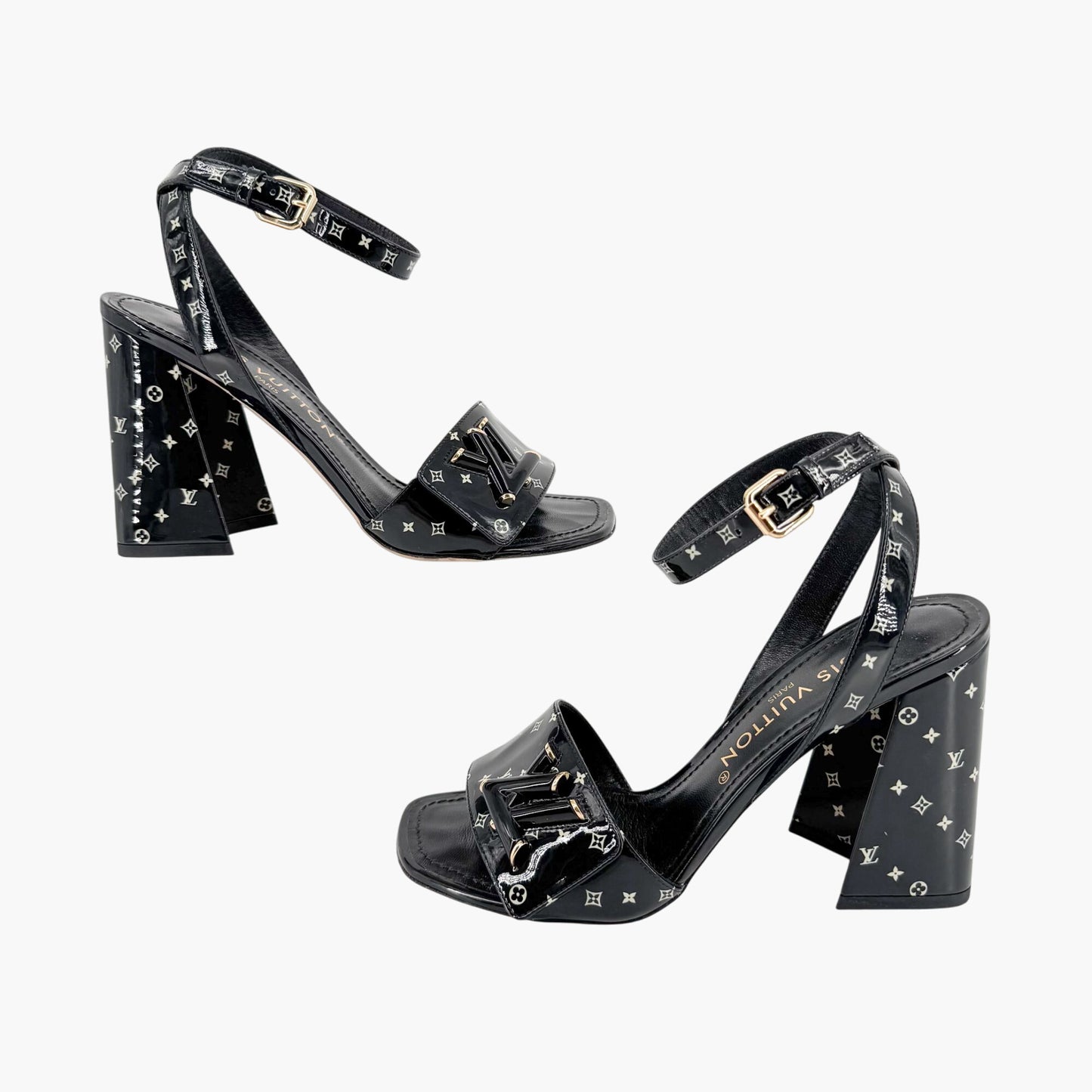 Louis Vuitton Shake LV Block Heel Sandals in Black & White Monogram Patent Leather Size 37