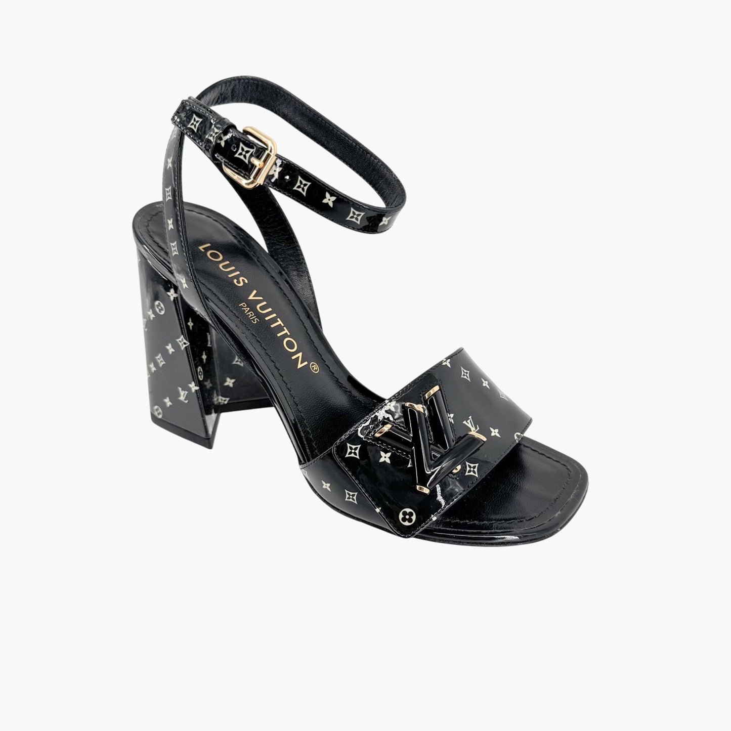Louis Vuitton Shake LV Block Heel Sandals in Black & White Monogram Patent Leather Size 37