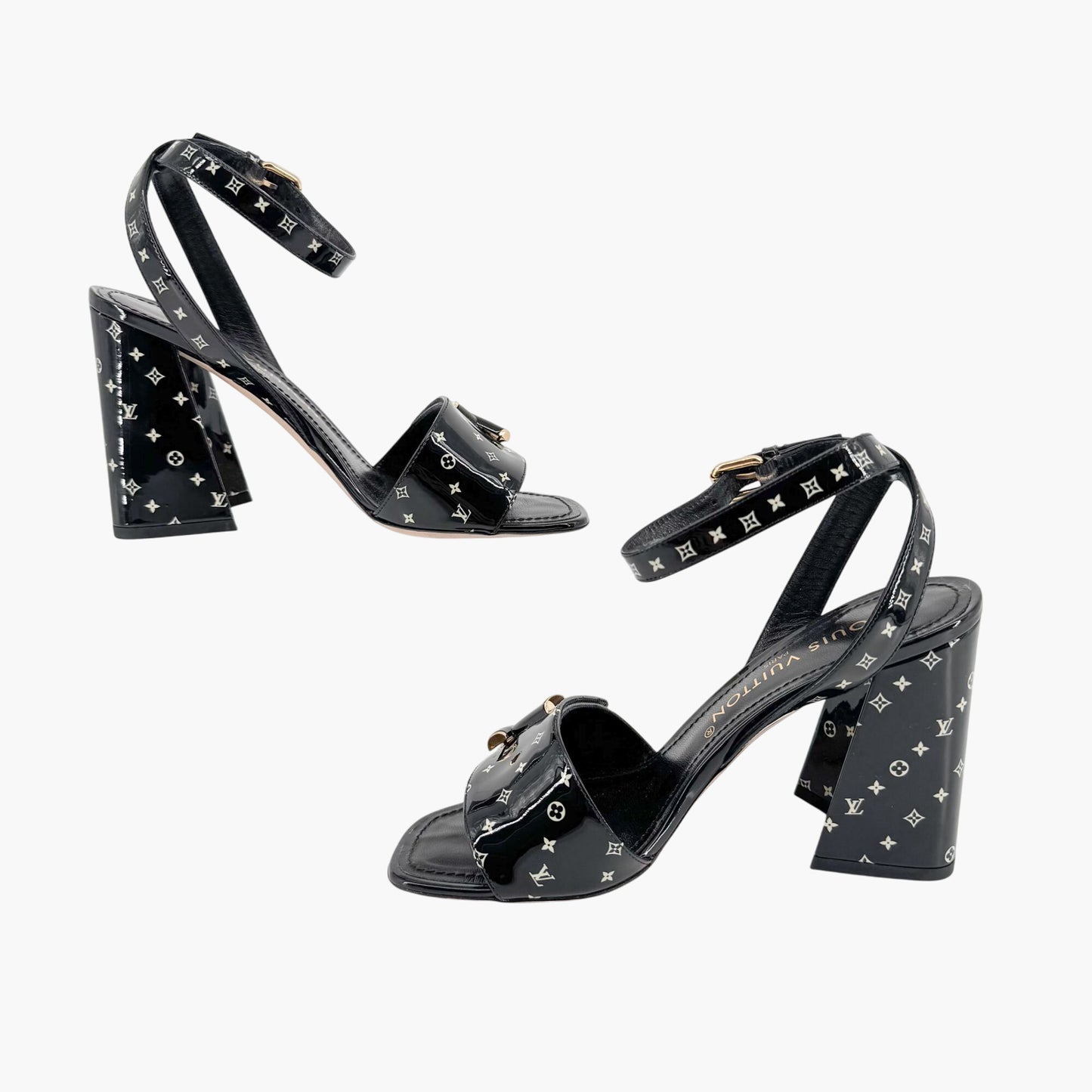 Louis Vuitton Shake LV Block Heel Sandals in Black & White Monogram Patent Leather Size 37
