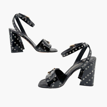 Louis Vuitton Shake LV Block Heel Sandals in Black & White Monogram Patent Leather Size 37