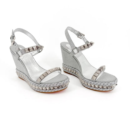 Christian Louboutin Pyraclou 110 Spike-Embellished Wedge Sandals in Silver Glitter Size 39