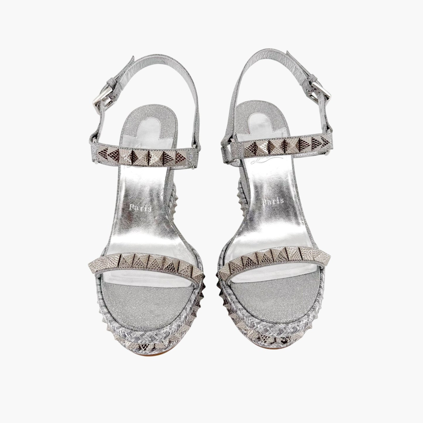 Christian Louboutin Pyraclou 110 Spike-Embellished Wedge Sandals in Silver Glitter Size 39