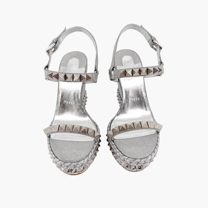 Christian Louboutin Pyraclou 110 Spike-Embellished Wedge Sandals in Silver Glitter Size 39