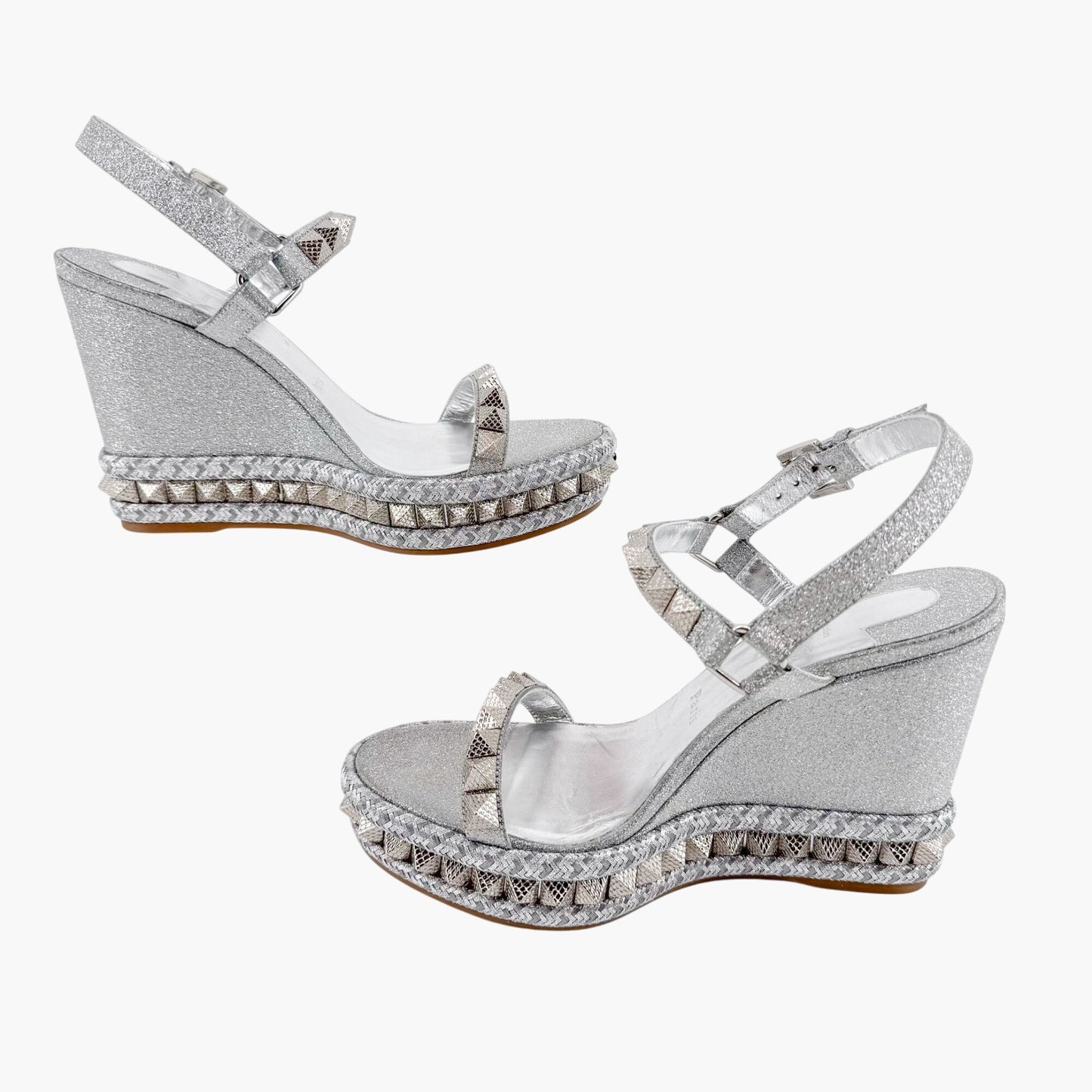 Christian Louboutin Pyraclou 110 Spike-Embellished Wedge Sandals in Silver Glitter Size 39